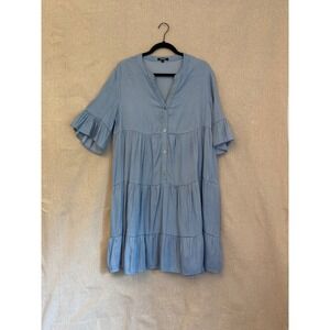 RolyPoly Light Blue Tiered Babydoll Mini Dress Ruffle Sleeve Split Neck - Large